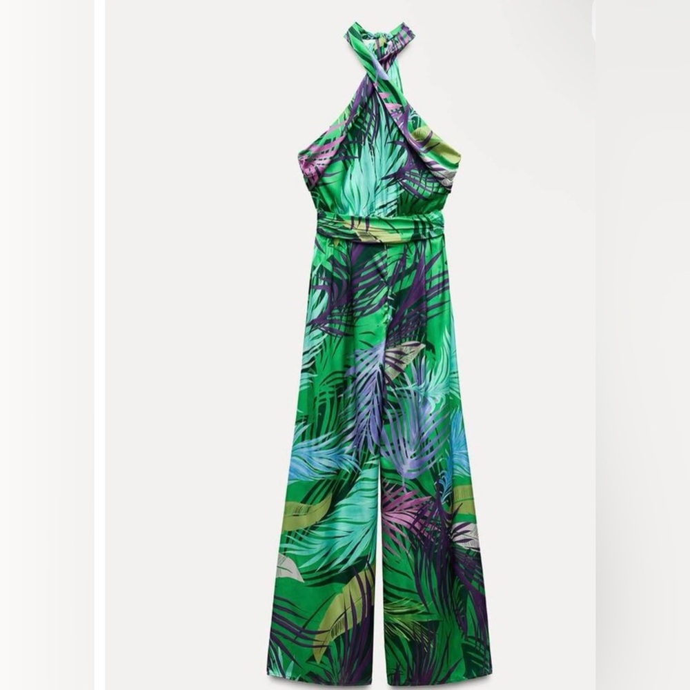 ZARA Tropical Leaf Halter Jumpsuit Wide‎ Leg Palazzo Pants Emerald Green Purple